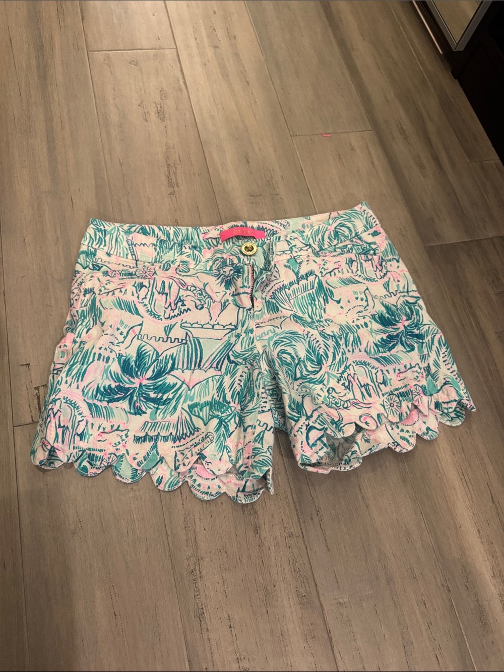 Lilly Pulitzer Pink & Teal Scallop-Hem High Waist Shorts